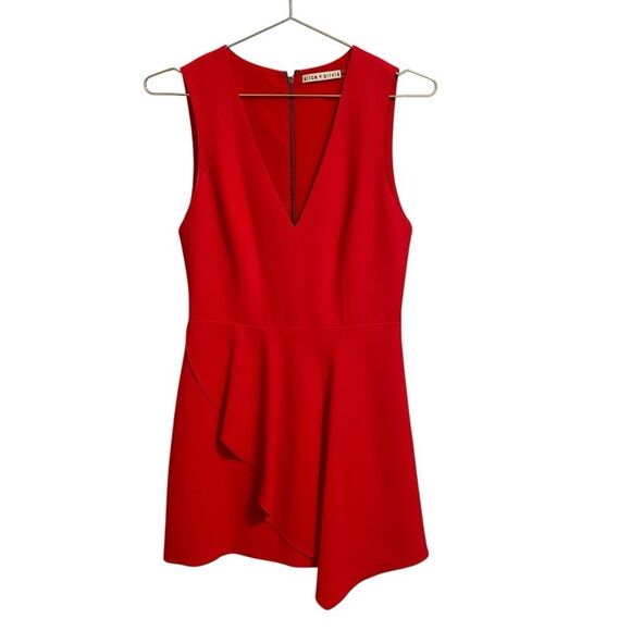 Alice and Olivia Callie Sleeveless Asymmetric Overlay A-line Dress Cherry Red 4 - Picture 2 of 7